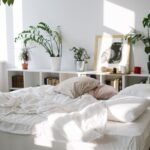 A tranquil bedroom with a messy bed, indoor plants, and natural sunlight.